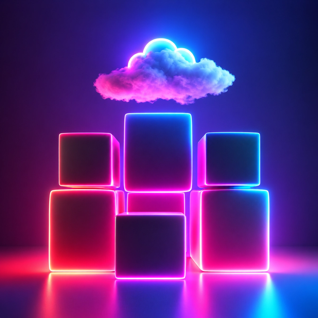 Glowing pink and blue cubes with a cloud floating above them