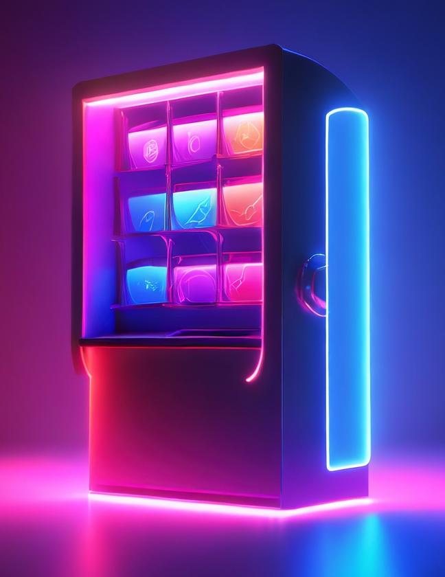 Ein futuristischer Automat mit beleuchteten Fächern in pinkem und blauem Neonlicht