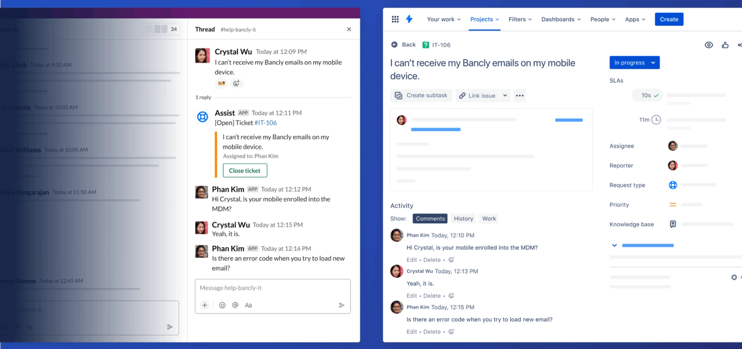 Zwei nebeneinanderliegende Screenshots: links ein Slack-Thread, in dem ein Assistent aus einer Nachricht ein Ticket anlegt, rechts dasselbe Ticket in Jira Service Management mit Kommentarverlauf