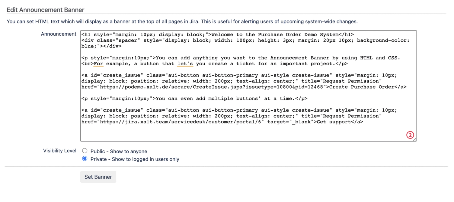 Jira Quicklinks im Ankündigungsbanner