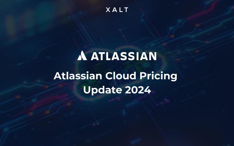 XALT und Atlassian Logo mit dem Text "Atlassian Cloud Pricing Update 2024" auf digitalem Schaltkreis-Hintergrund.