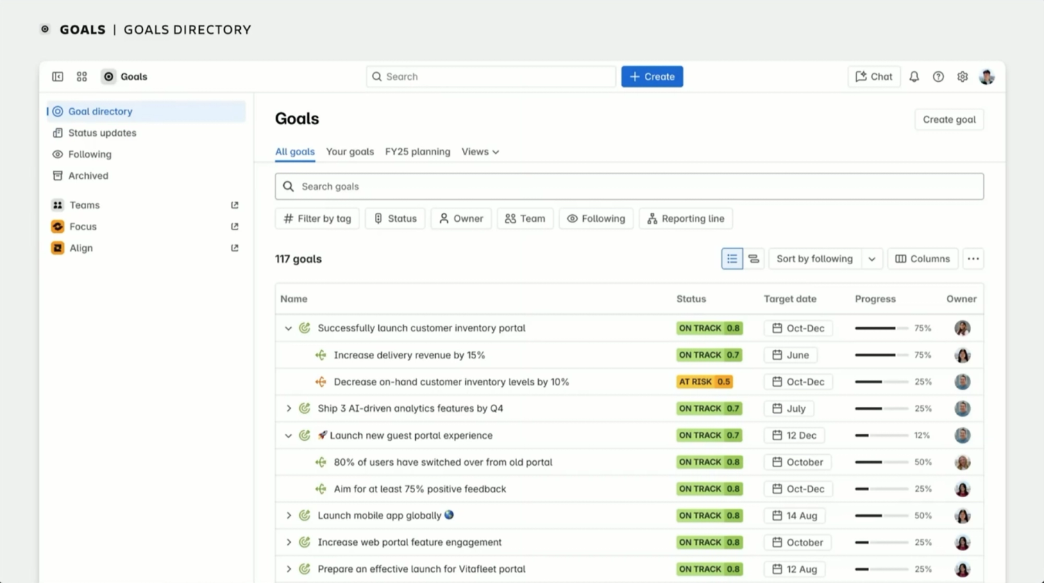 Screenshot der Atlassian Goals App: ein Zielverzeichnis mit 117 Zielen, je Zeile Status, Zieldatum, Fortschrittsbalken und verantwortliche Person