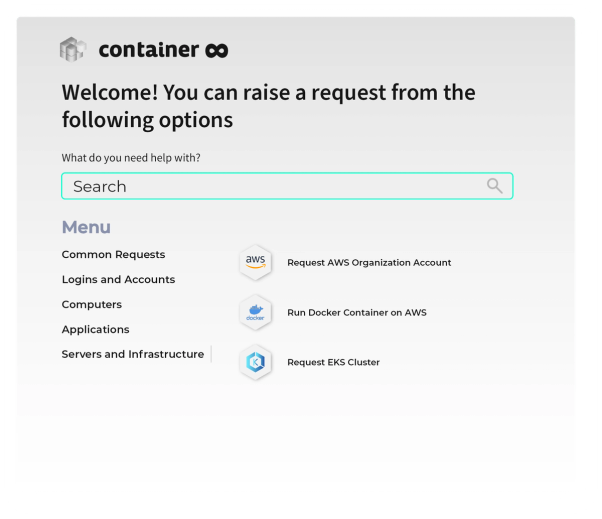 Bildschirmfoto des Container8-Self-Service-Portals mit Suchfeld, Menü und Anfragen wie "Request AWS Organization Account"
