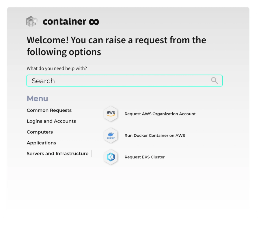 Bildschirmfoto des Container8-Self-Service-Portals mit Suchfeld, Menü und Anfragen wie "Request AWS Organization Account"