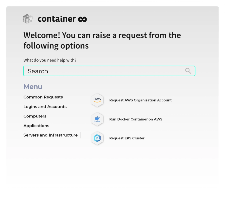 Bildschirmfoto des Container8-Self-Service-Portals mit Suchfeld, Menü und Anfragen wie "Request AWS Organization Account"