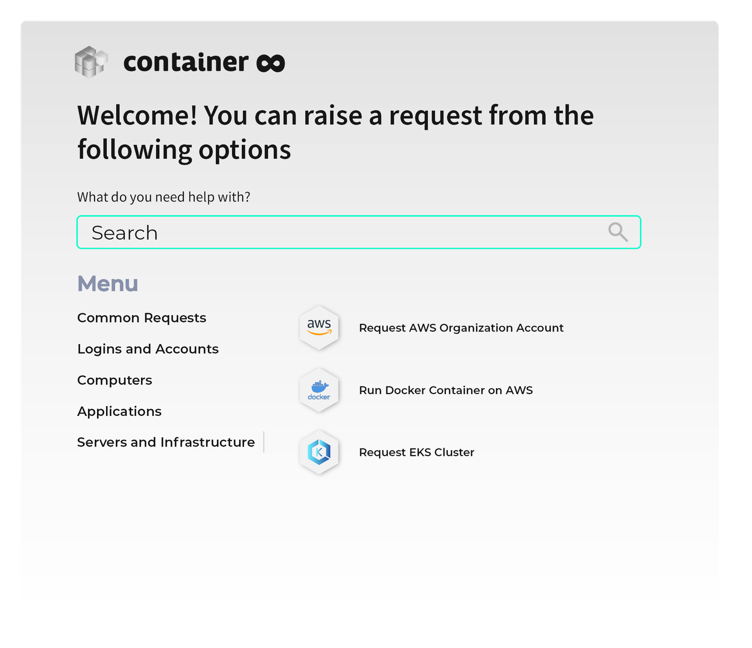 Bildschirmfoto des Container8-Self-Service-Portals mit Suchfeld, Menü und Anfragen wie "Request AWS Organization Account"
