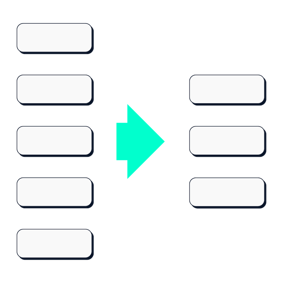 Abstract graphic: five empty boxes on the left, three on the right, with a large arrow pointing right between them