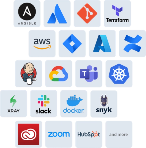 Rasteransicht von Werkzeug-Logos, unter anderem Atlassian, AWS, Docker, Slack und Terraform