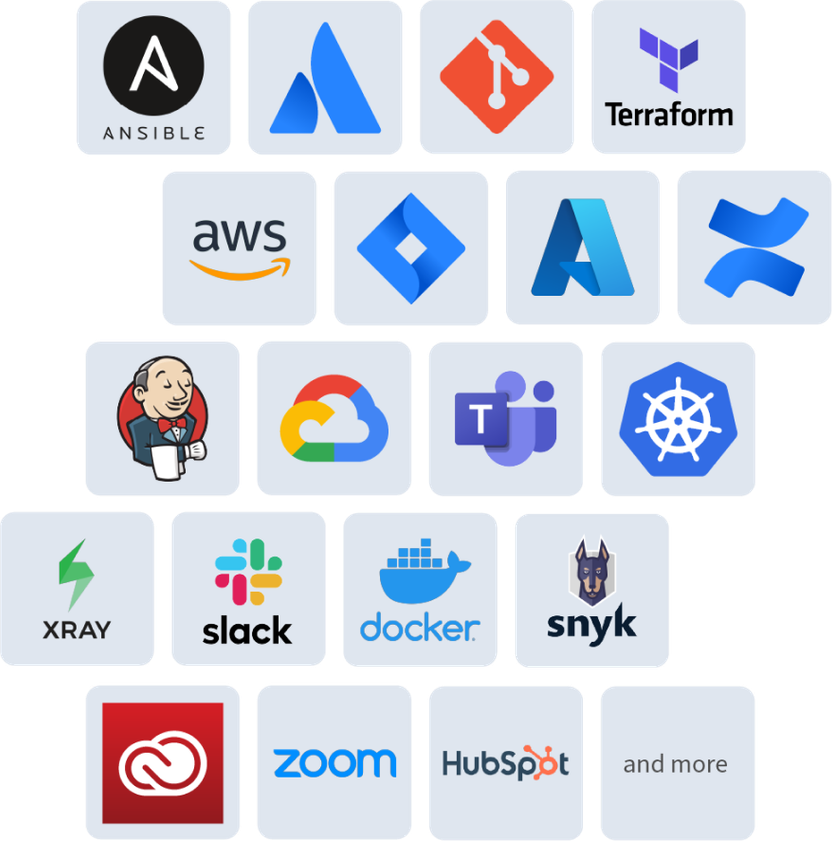 Rasteransicht von Werkzeug-Logos, unter anderem Atlassian, AWS, Docker, Slack und Terraform