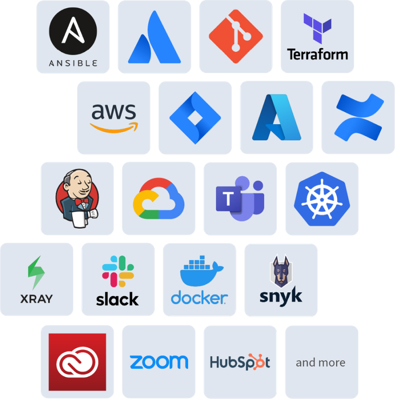 Rasteransicht von Werkzeug-Logos, unter anderem Atlassian, AWS, Docker, Slack und Terraform