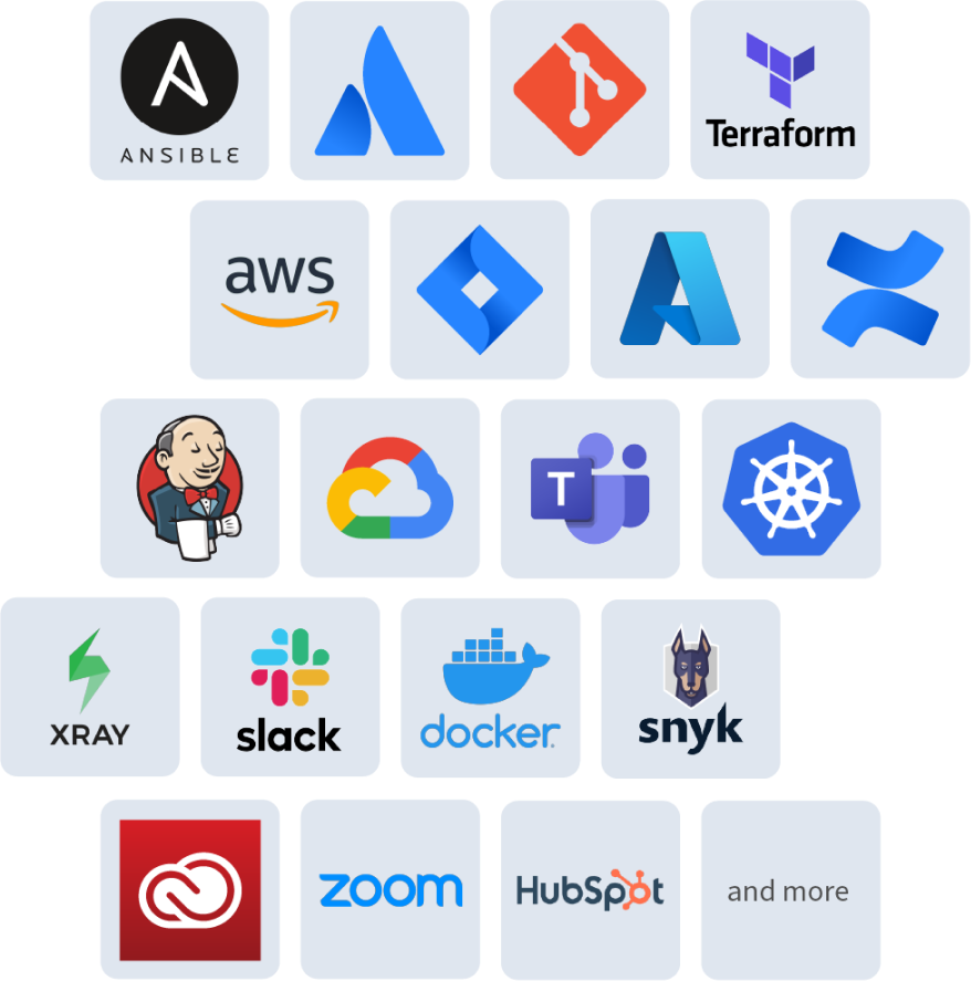 Grid of tool logos, including Atlassian, AWS, Docker, Slack and Terraform