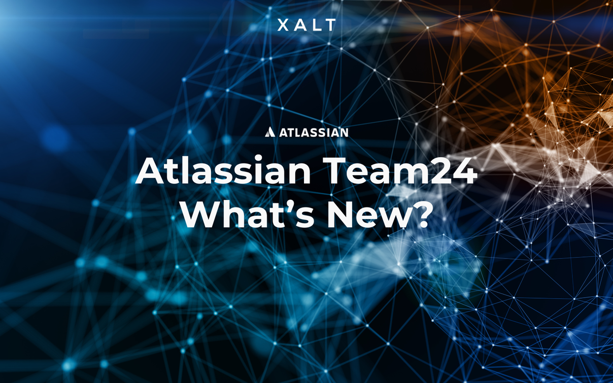XALT und Atlassian Team24 – Was ist neu? Titelgrafik mit Netzwerk-Motiv in Blau und Orange.