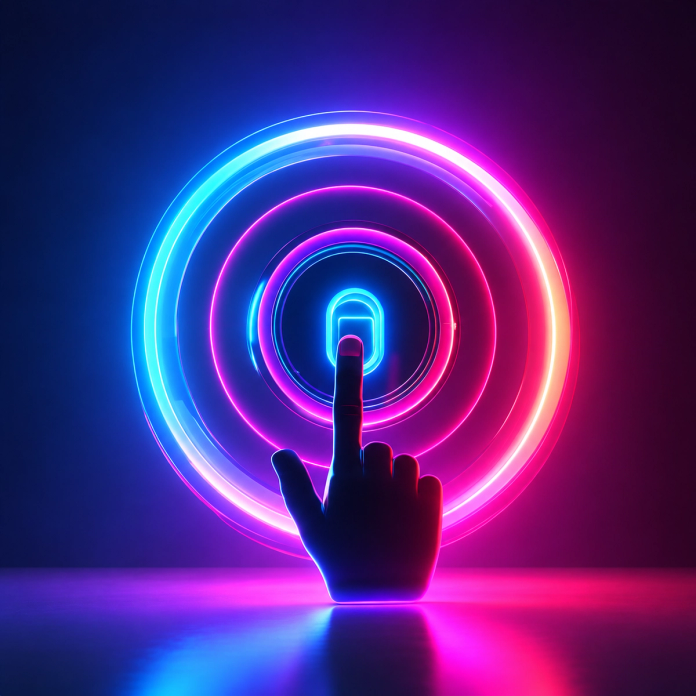 An index finger touches a fingerprint scanner surrounded by glowing rings