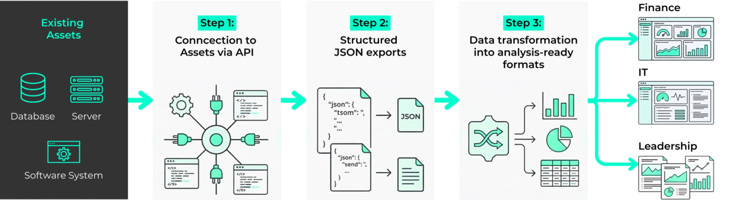 IT asset management with data sources, JSON export and analysis-ready formats