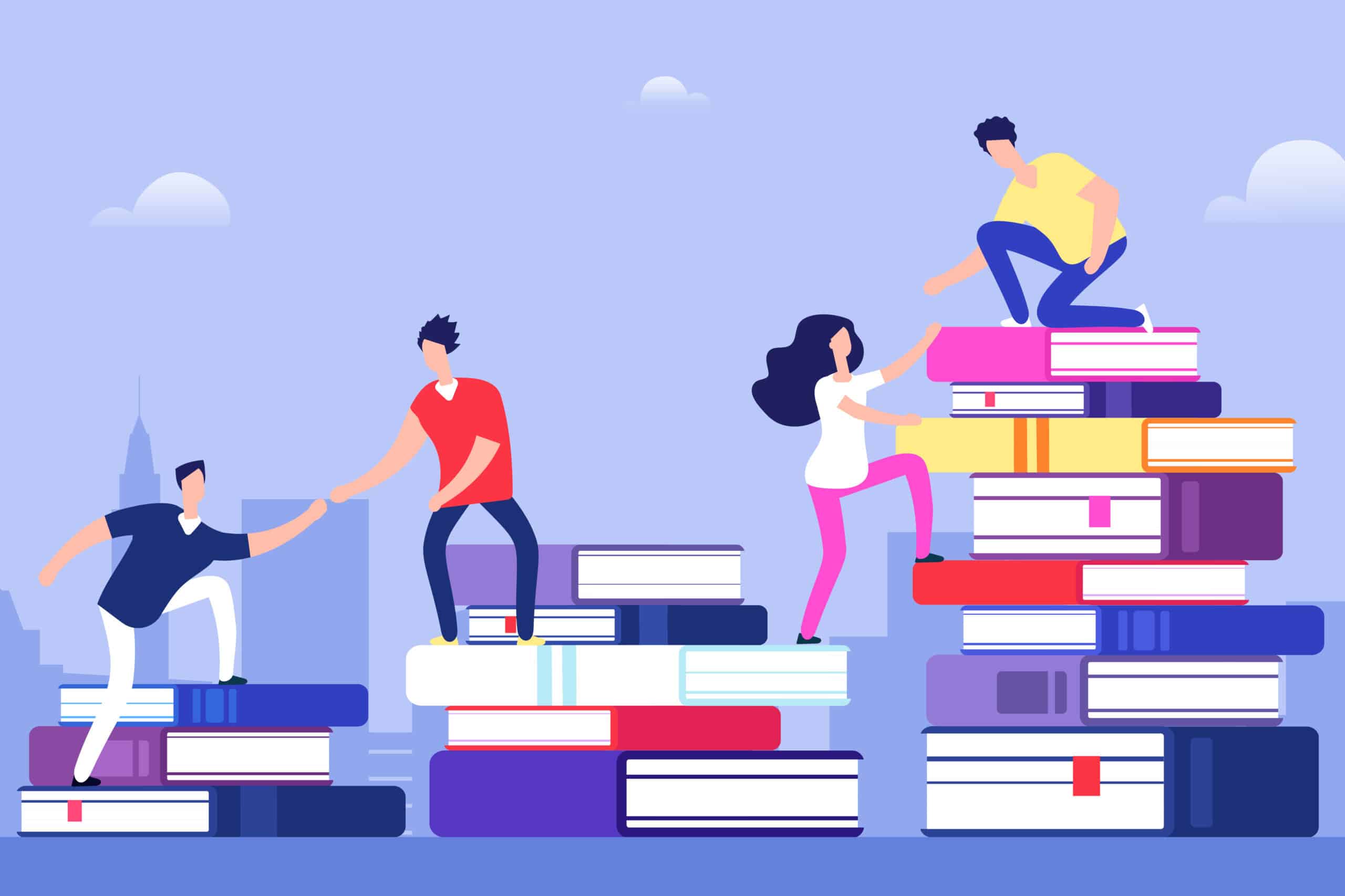 Personen klettern auf Bücherstapeln und helfen sich gegenseitig — Bild für Lernen und Zusammenarbeit.