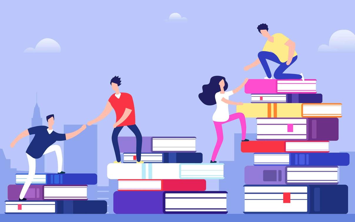 Personen klettern auf Bücherstapeln und helfen sich gegenseitig — Bild für Lernen und Zusammenarbeit.