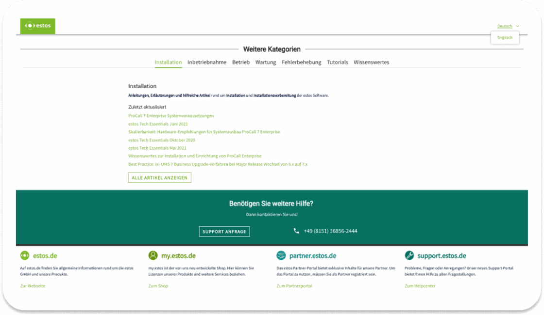 Kategorie-Seite des Portals: Reiter von Installation bis Wissenswertes, darunter die zuletzt aktualisierten Artikel und eine Hilfe-Leiste mit Telefonnummer