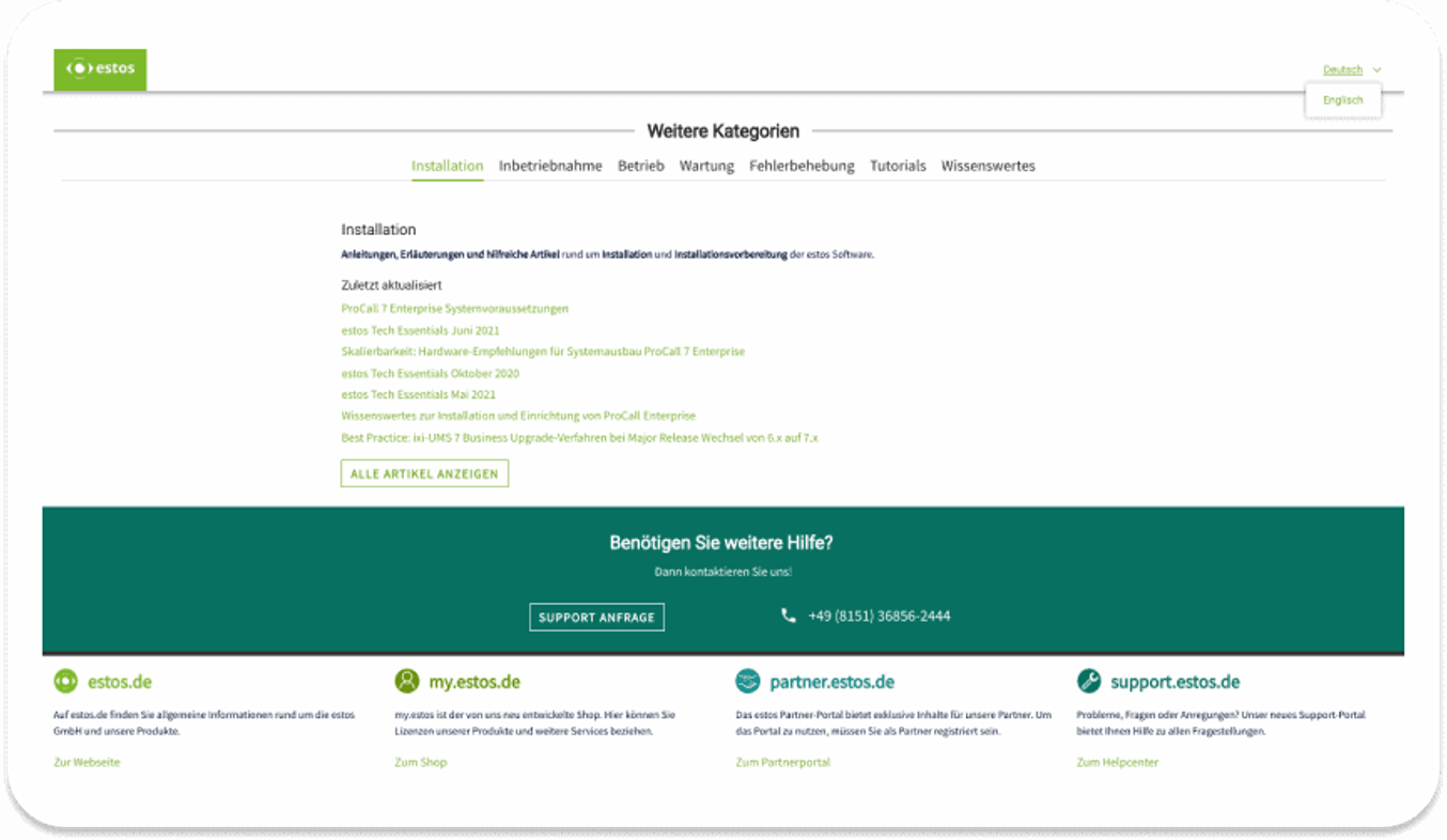 Kategorie-Seite des Portals: Reiter von Installation bis Wissenswertes, darunter die zuletzt aktualisierten Artikel und eine Hilfe-Leiste mit Telefonnummer