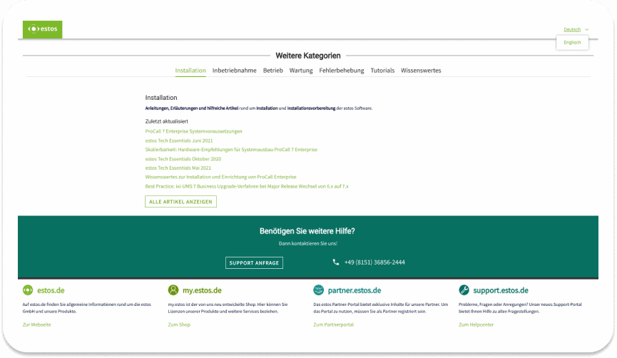 Kategorie-Seite des Portals: Reiter von Installation bis Wissenswertes, darunter die zuletzt aktualisierten Artikel und eine Hilfe-Leiste mit Telefonnummer