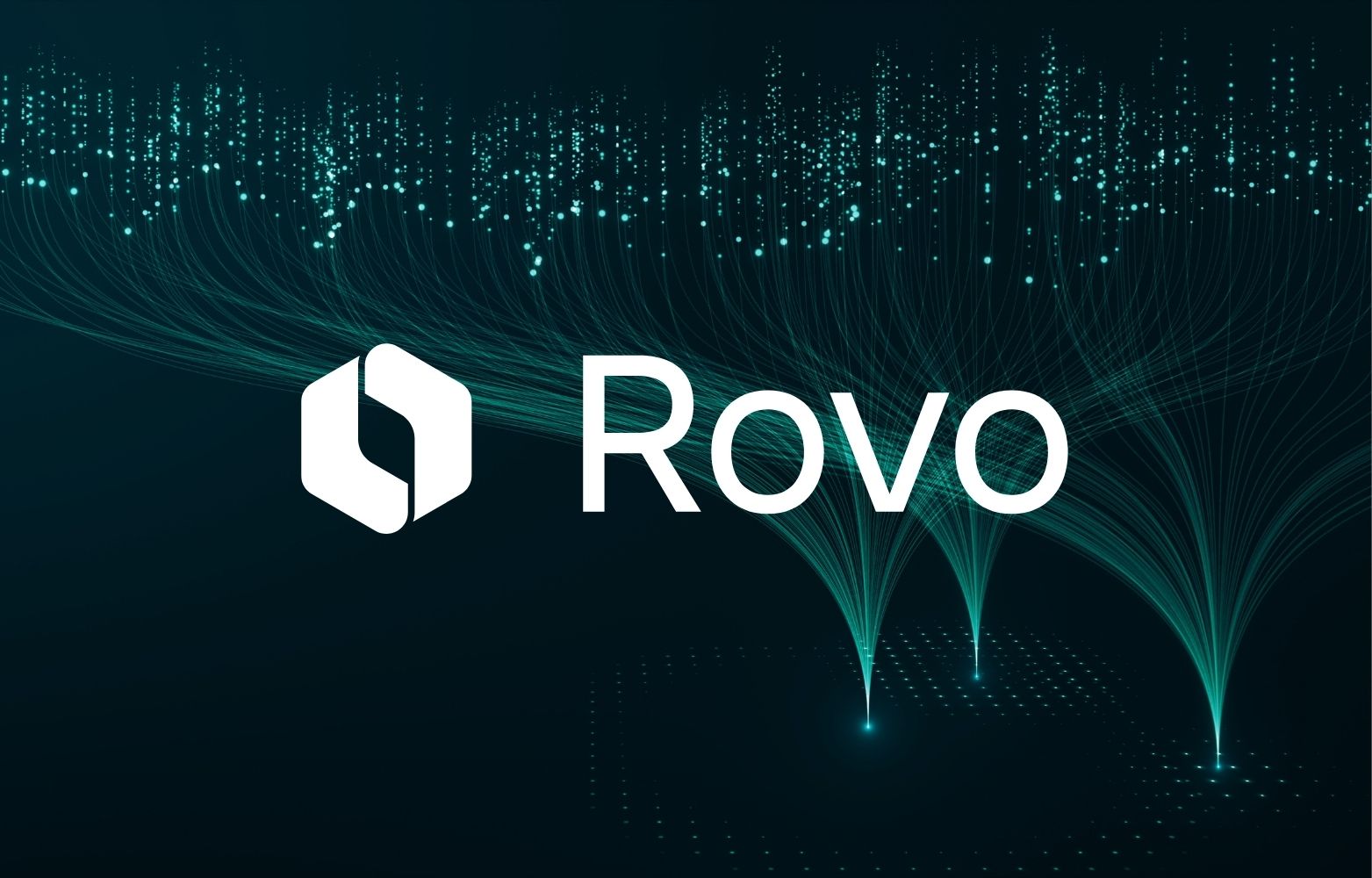 Großes Rovo-Logo von Atlassian auf dunkelblauem Hintergrund mit digitalen Partikeleffekten und Lichtstrahlen.