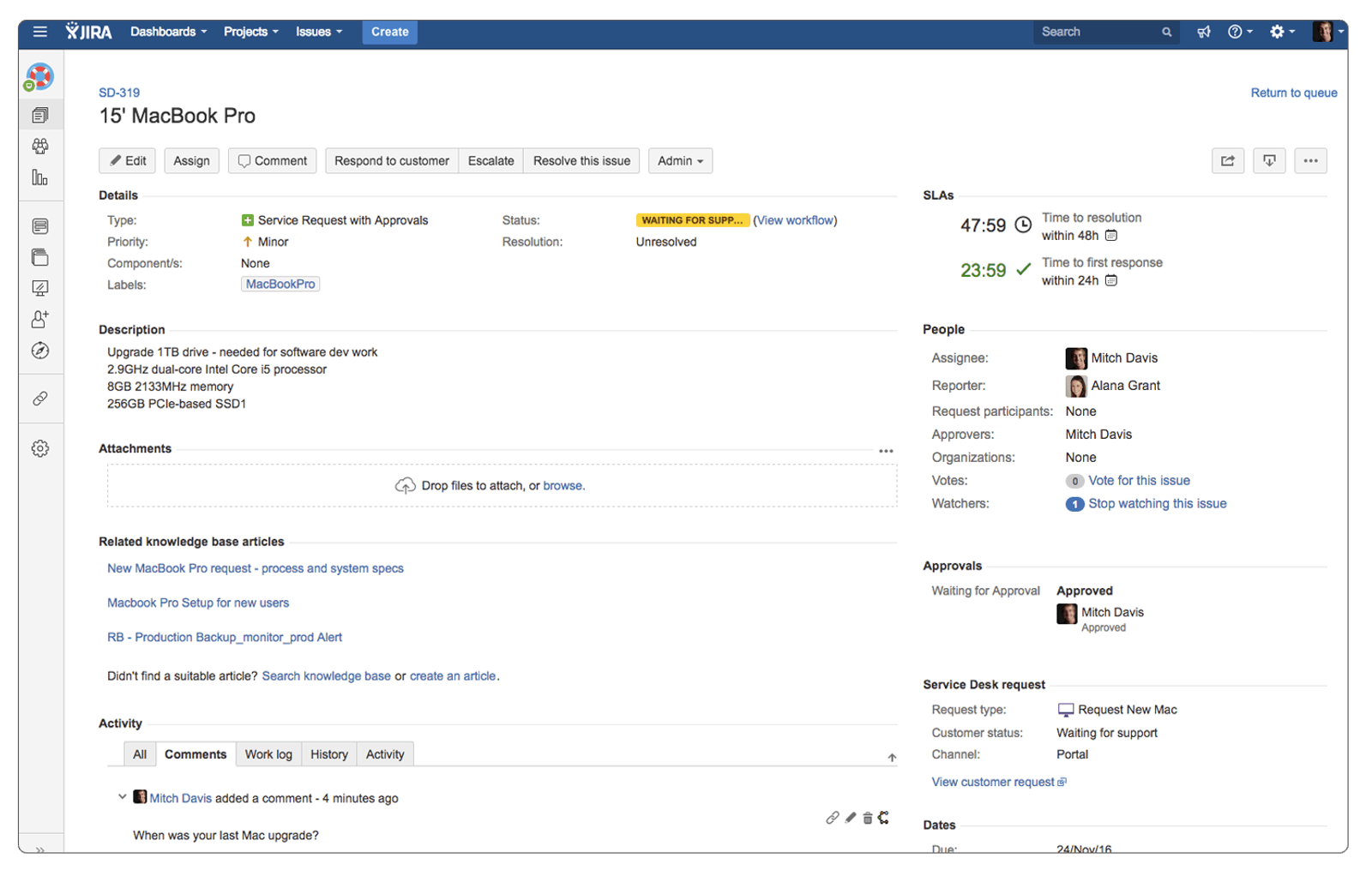 Ein Jira-Service-Desk-Vorgang mit Beschreibung, Anhängen, SLAs, Personen und Genehmigungen