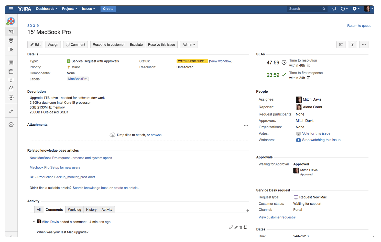 Ein Jira-Service-Desk-Vorgang mit Beschreibung, Anhängen, SLAs, Personen und Genehmigungen