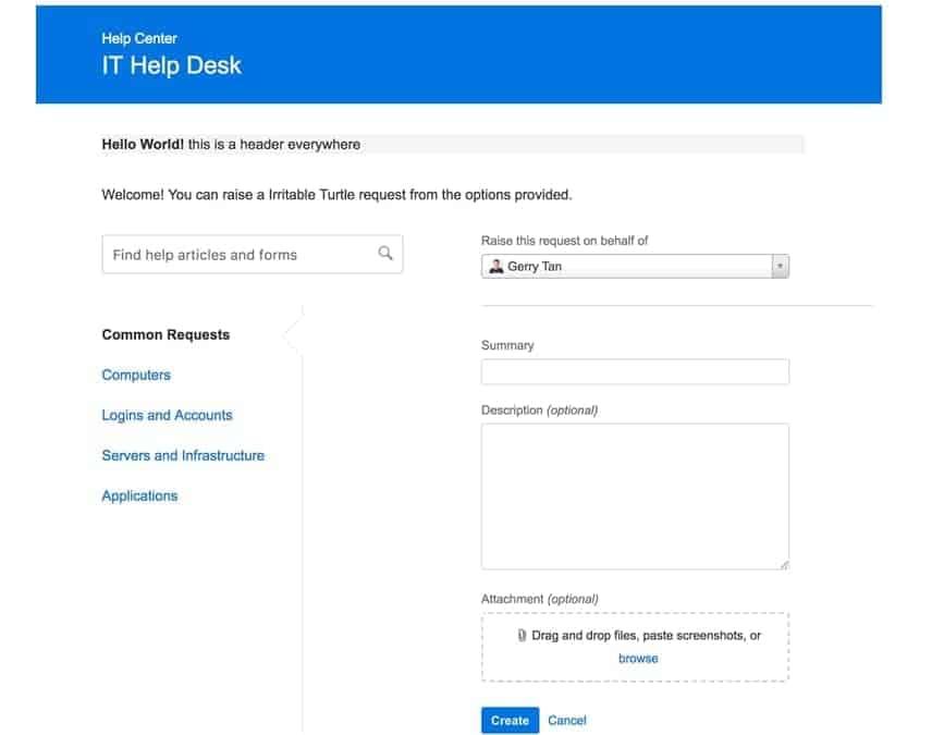 Jira Service Management Help Center mit IT-Help-Desk-Formular zum Einreichen einer Anfrage