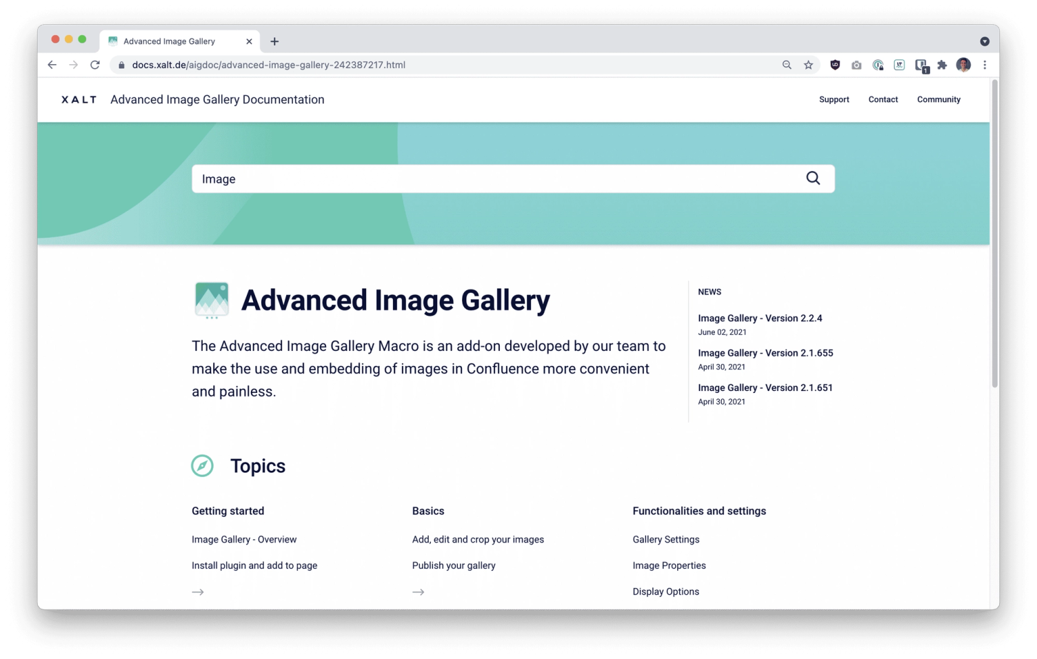 Startseite der Advanced-Image-Gallery-Dokumentation mit Kurzbeschreibung, News und Themen wie Getting started, Basics und Einstellungen