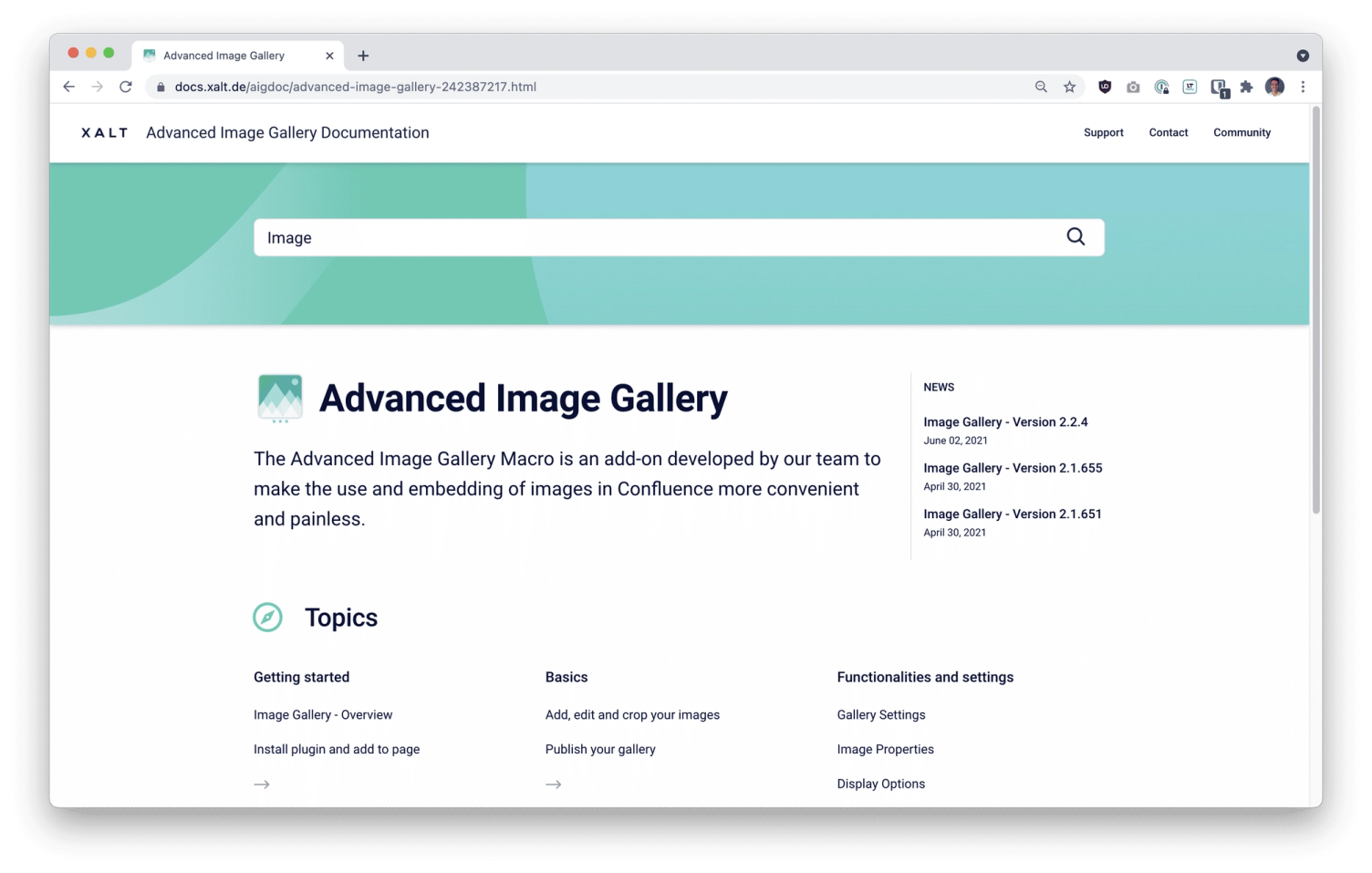 Startseite der Advanced-Image-Gallery-Dokumentation mit Kurzbeschreibung, News und Themen wie Getting started, Basics und Einstellungen