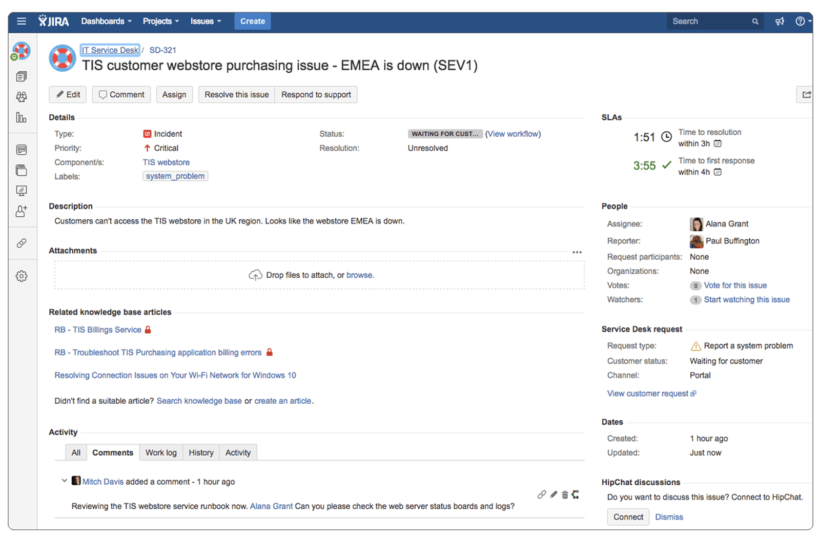 Ein Jira-Ticket zu einem Ausfall des Webshops mit Beschreibung, SLAs und Verlauf