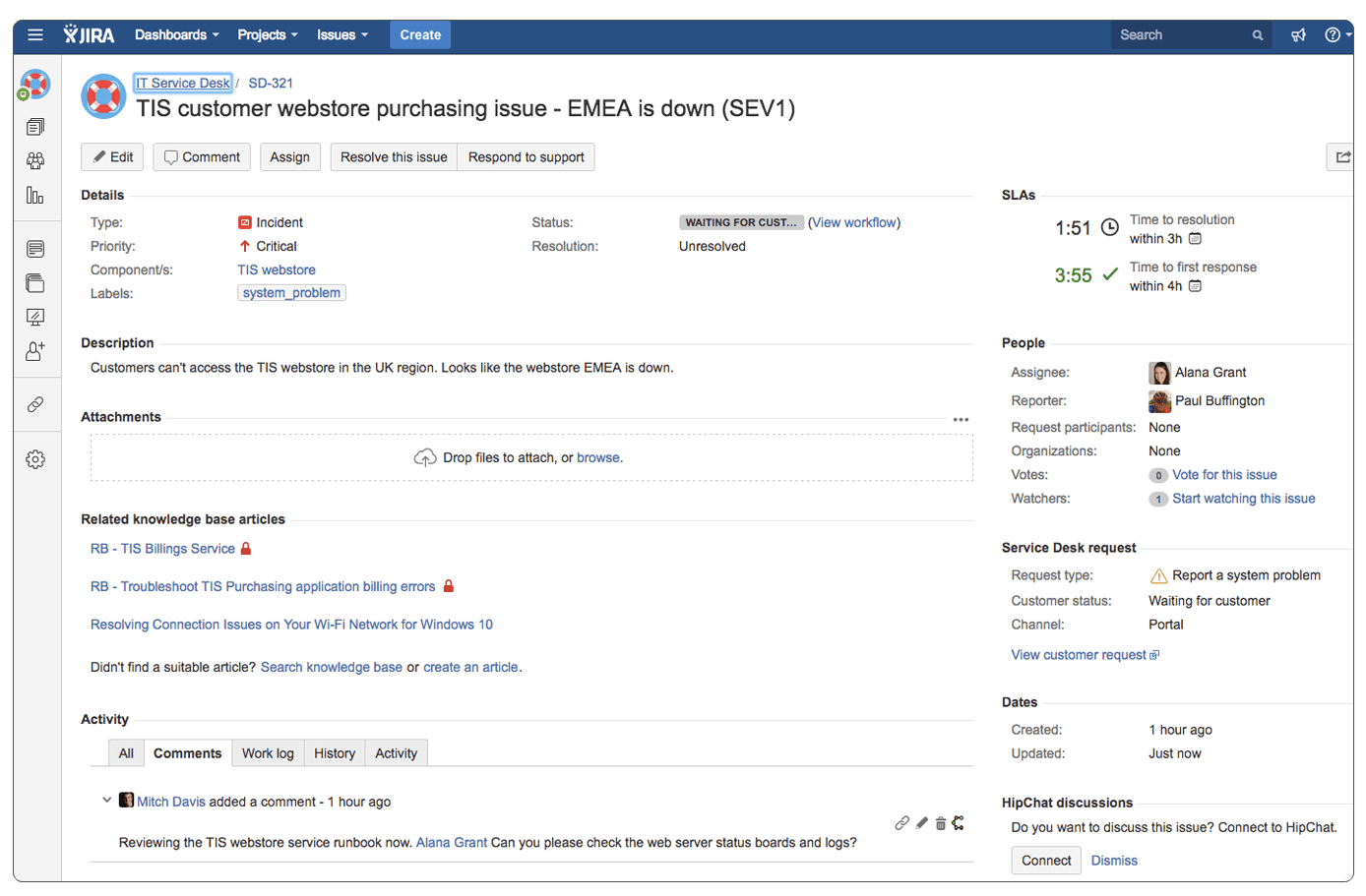 Ein Jira-Ticket zu einem Ausfall des Webshops mit Beschreibung, SLAs und Verlauf