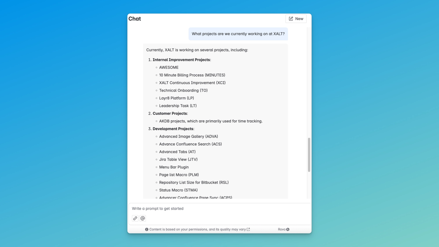 Screenshot eines Rovo-Chats: auf die Frage nach den aktuellen Projekten bei XALT antwortet der Assistent mit einer gegliederten Liste aus internen, Kunden- und Entwicklungsprojekten