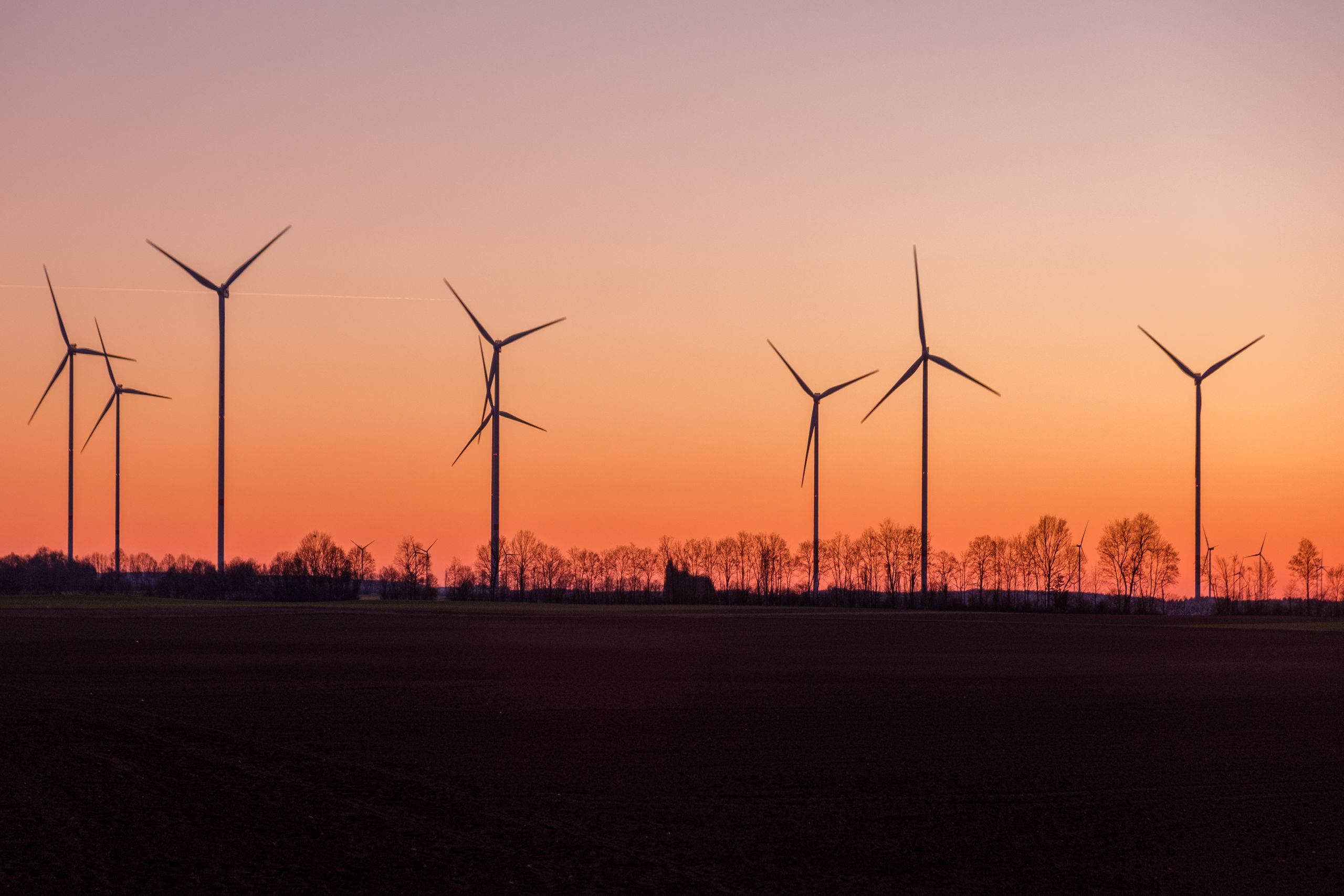 Wind turbines silhouetted above a field against an orange evening sky