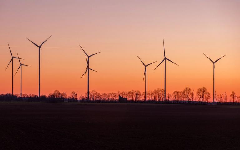 Wind turbines silhouetted above a field against an orange evening sky