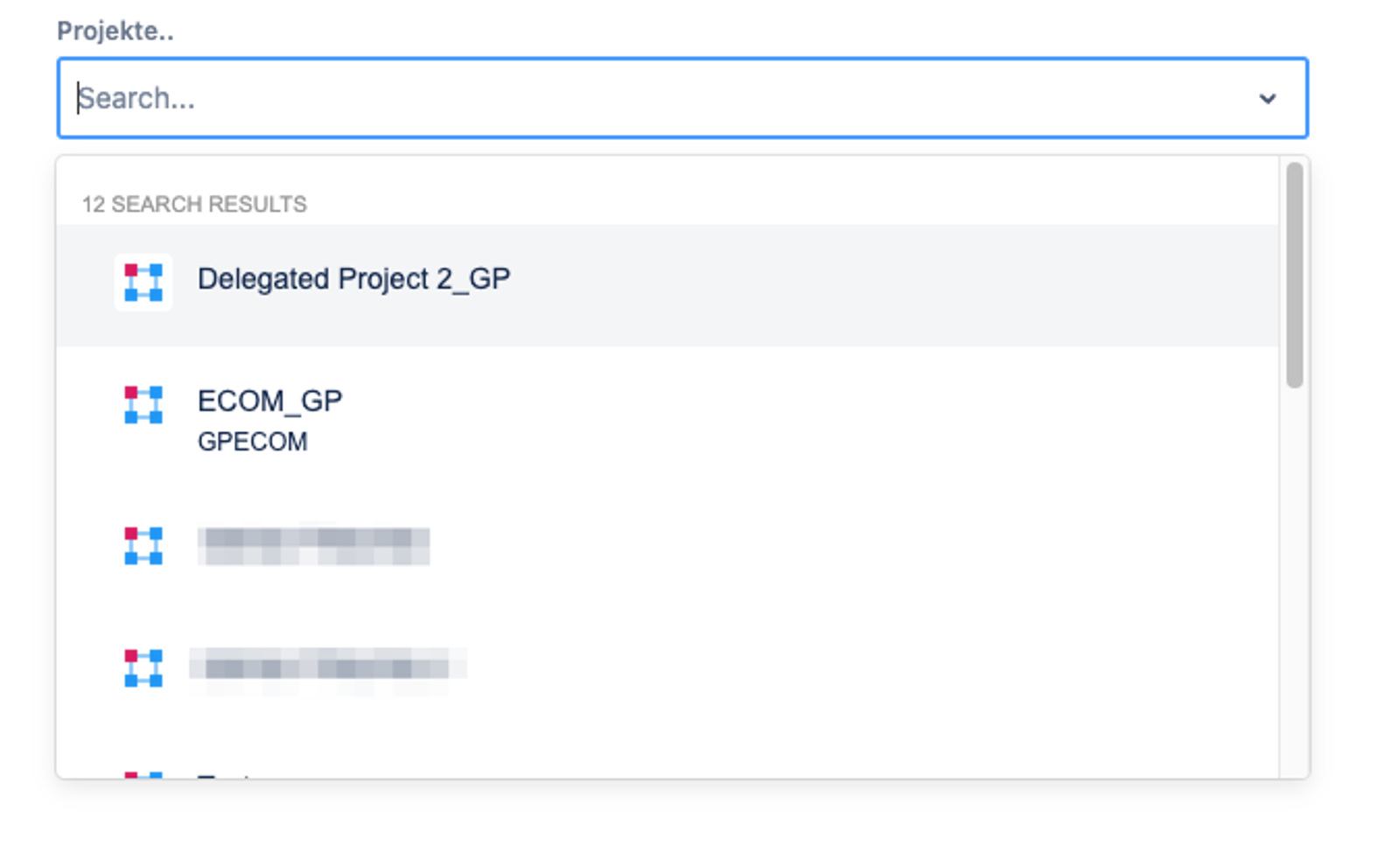 Die Projektauswahl im Self-Service-Portal: ein Suchfeld mit einer Trefferliste, aus der Benutzer nur die für sie freigegebenen Projekte sehen