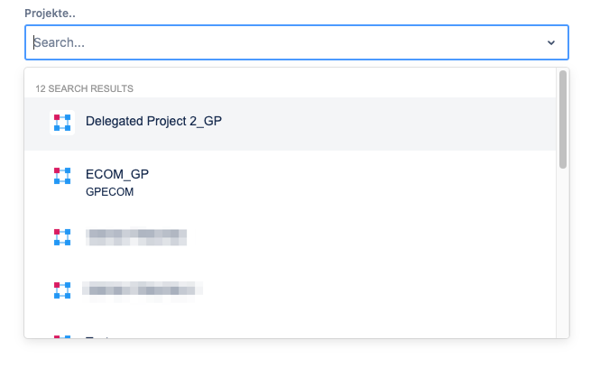Die Projektauswahl im Self-Service-Portal: ein Suchfeld mit einer Trefferliste, aus der Benutzer nur die für sie freigegebenen Projekte sehen