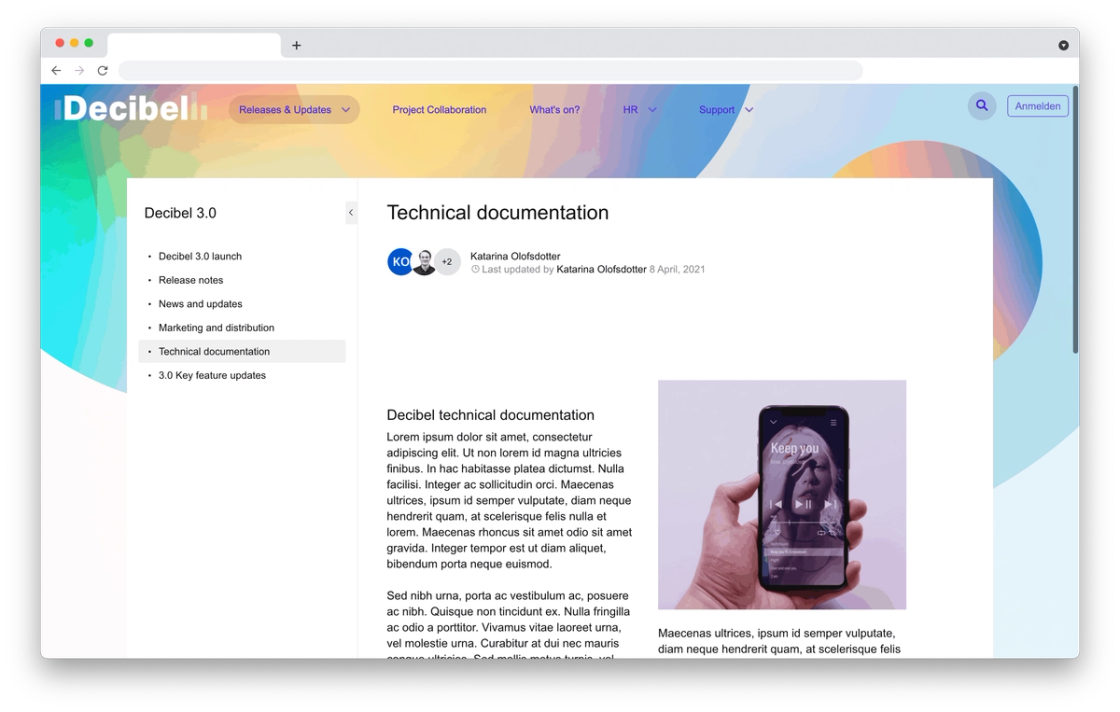 Browserfenster mit einem Refined-Dokumentationsbereich, Fototext und Personenavatar