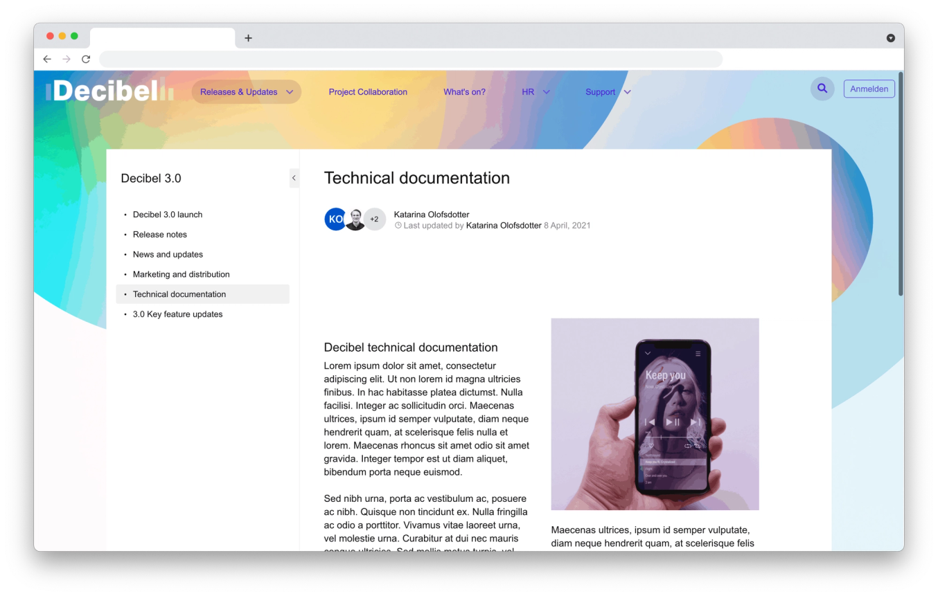 Browser window showing a Refined documentation area with photo text and a person avatar