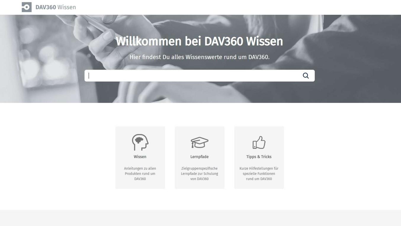 Deutschsprachige Web-Oberfläche DAV360 Wissen mit Suchfeld und drei Inhaltskacheln