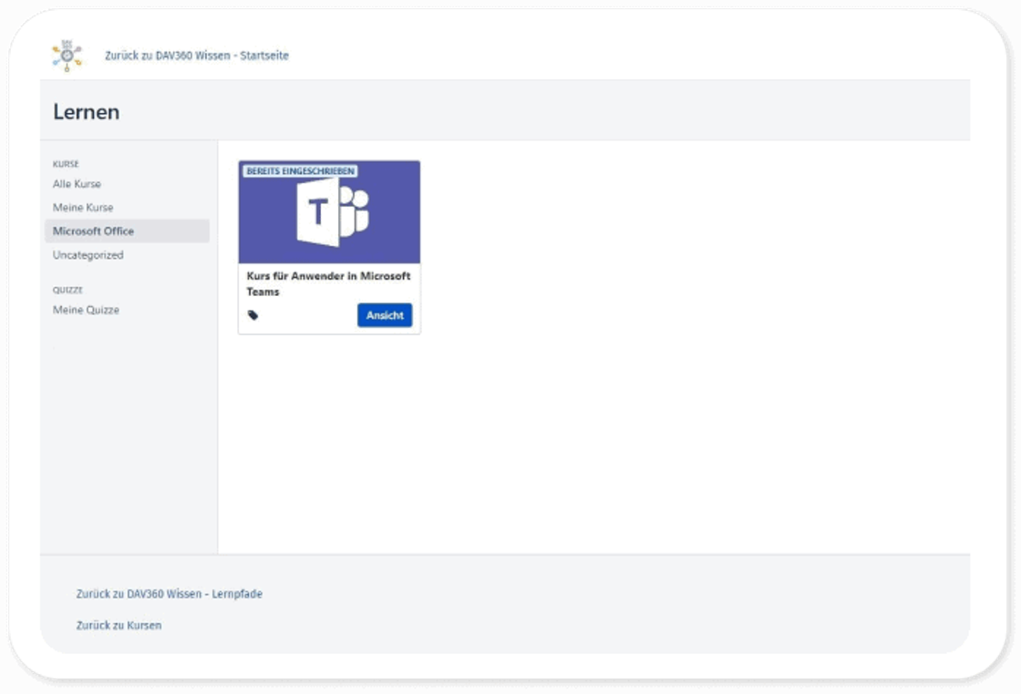 Lernportal des DAV mit der Kursliste: eine Kurskarte „Kurs für Anwender in Microsoft Teams“, markiert als bereits eingeschrieben