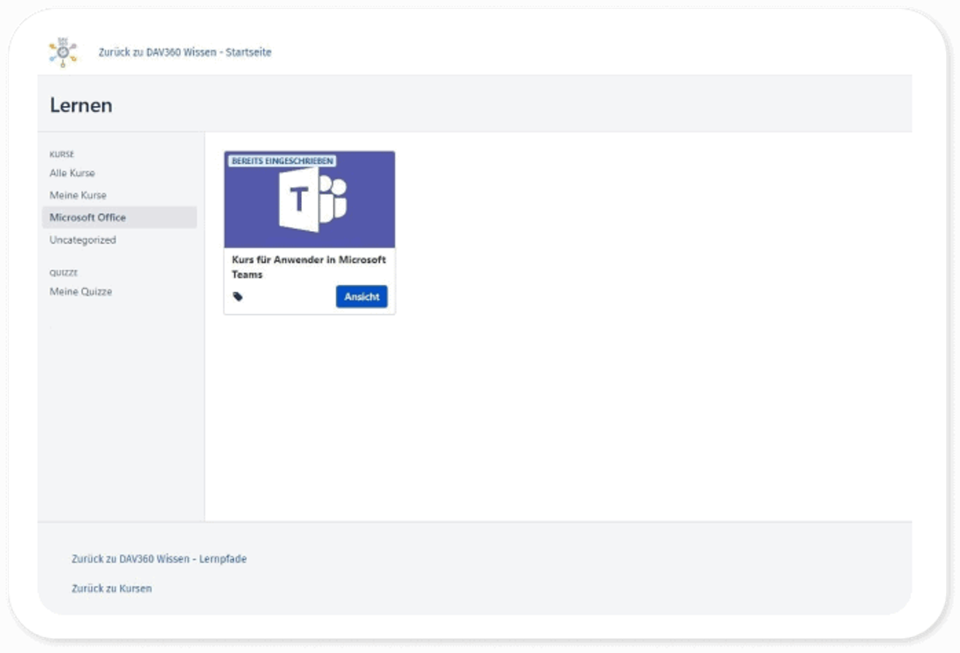 Lernportal des DAV mit der Kursliste: eine Kurskarte „Kurs für Anwender in Microsoft Teams“, markiert als bereits eingeschrieben