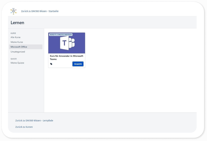 Lernportal des DAV mit der Kursliste: eine Kurskarte „Kurs für Anwender in Microsoft Teams“, markiert als bereits eingeschrieben