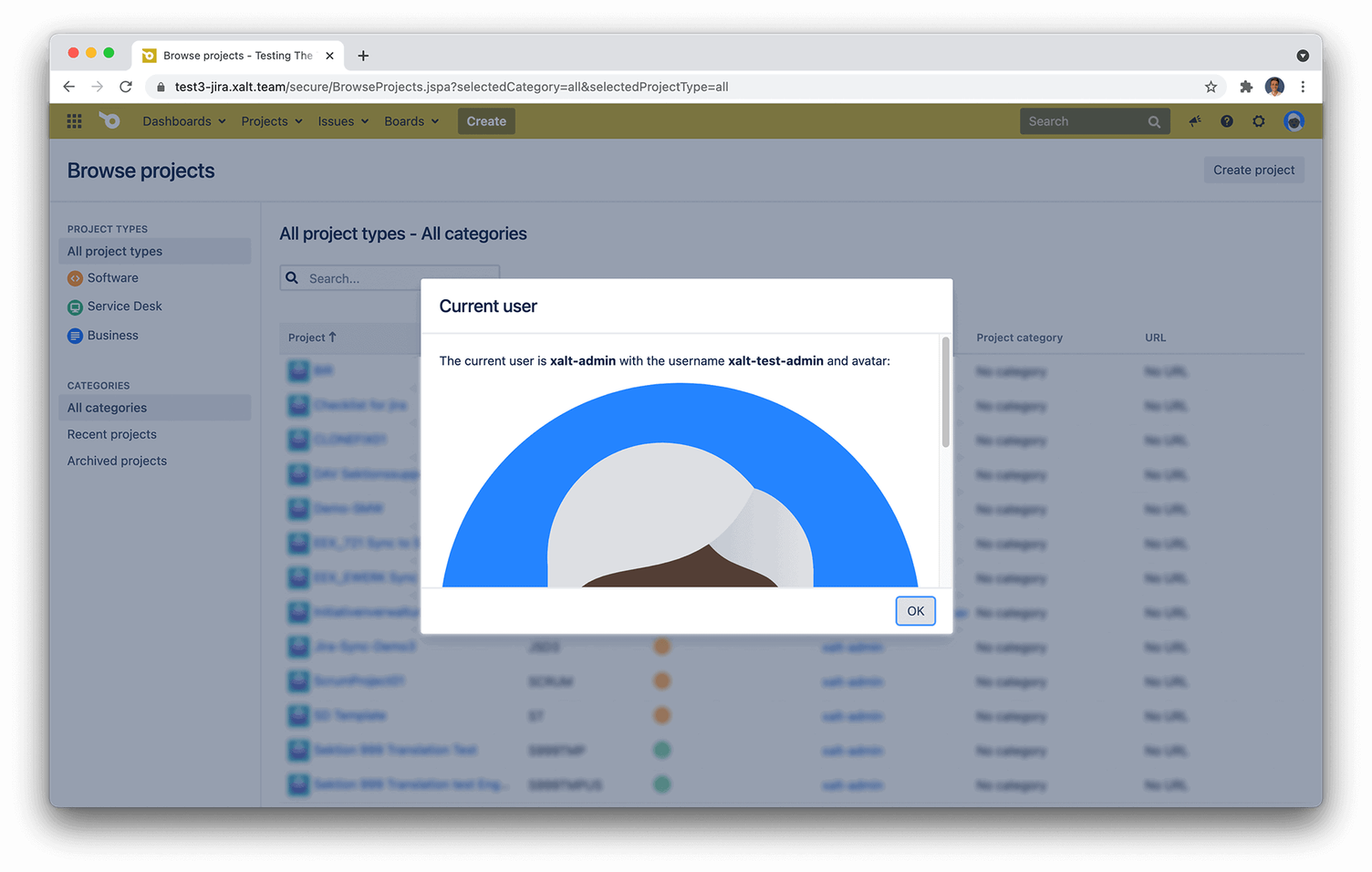 User Switcher in Jira: Das Fenster „Current user“ zeigt, als welcher User du gerade angemeldet bist