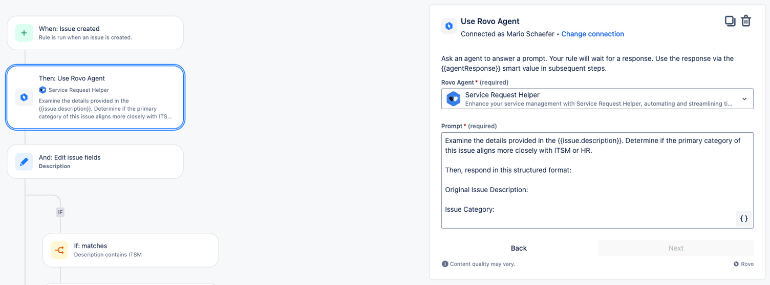 Screenshot einer Jira-Automatisierungsregel mit dem Schritt „Use Rovo Agent": rechts die Auswahl des Agenten Service Request Helper und das Prompt-Feld mit der Anweisung zur Kategorisierung