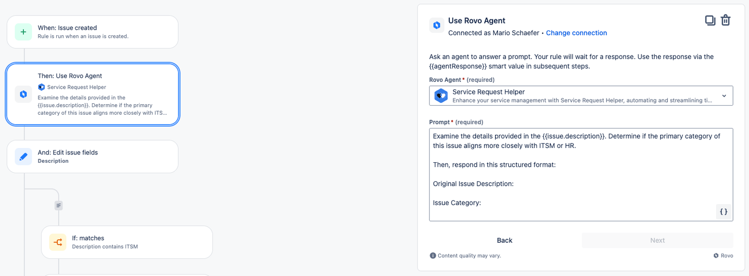Screenshot einer Jira-Automatisierungsregel mit dem Schritt „Use Rovo Agent": rechts die Auswahl des Agenten Service Request Helper und das Prompt-Feld mit der Anweisung zur Kategorisierung