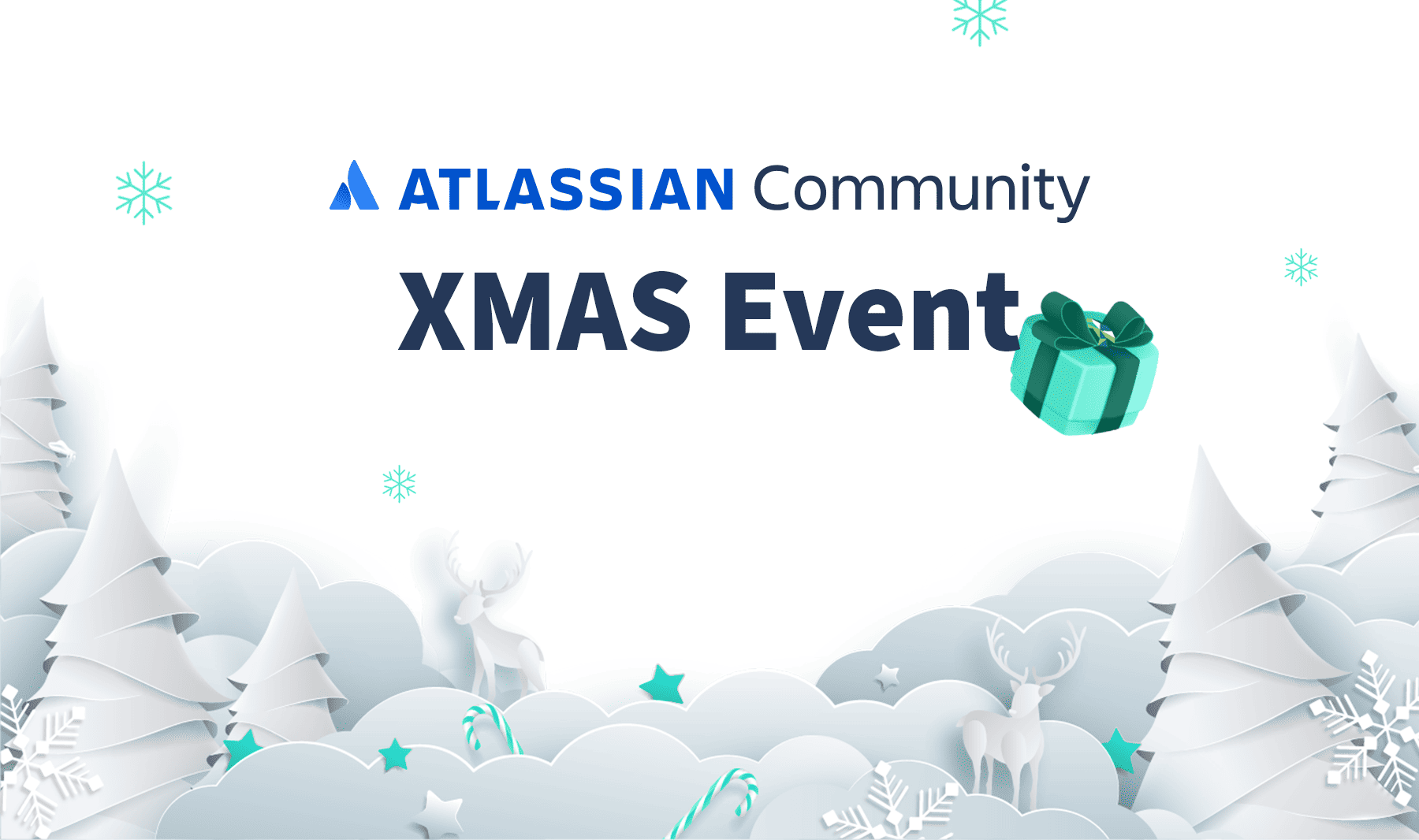 Atlassian Community XMAS Event – Wintermotiv mit Papier-Weihnachtsbäumen, Rentieren und Geschenk im Schneeflockendesign.