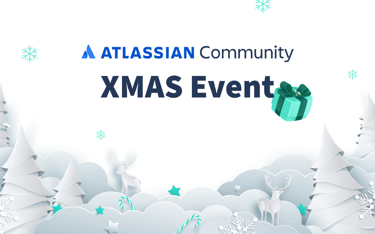 Atlassian Community XMAS Event – Wintermotiv mit Papier-Weihnachtsbäumen, Rentieren und Geschenk im Schneeflockendesign.