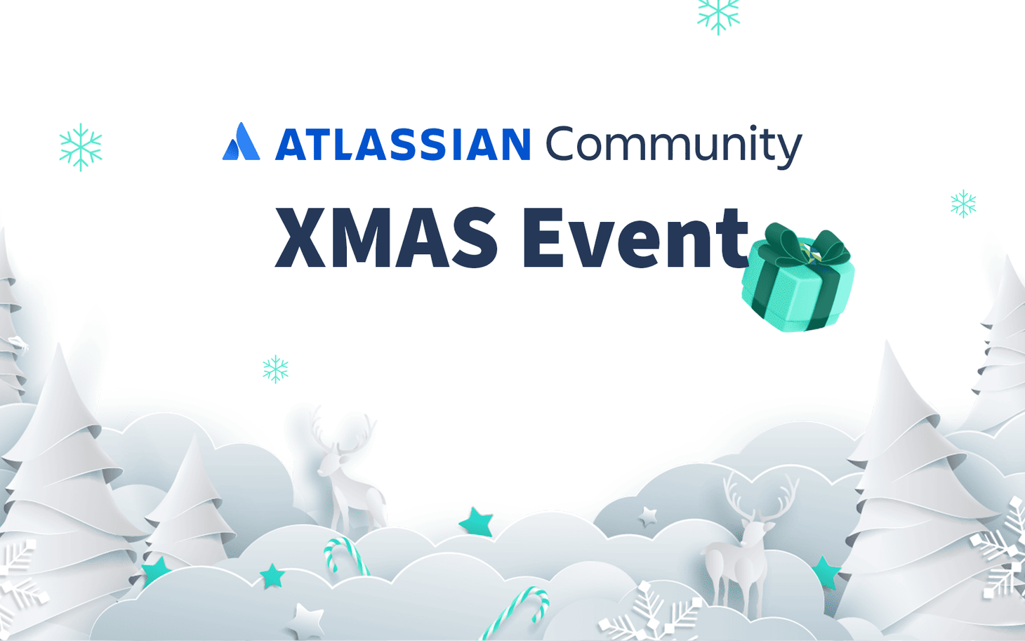 Atlassian Community XMAS Event – Wintermotiv mit Papier-Weihnachtsbäumen, Rentieren und Geschenk im Schneeflockendesign.