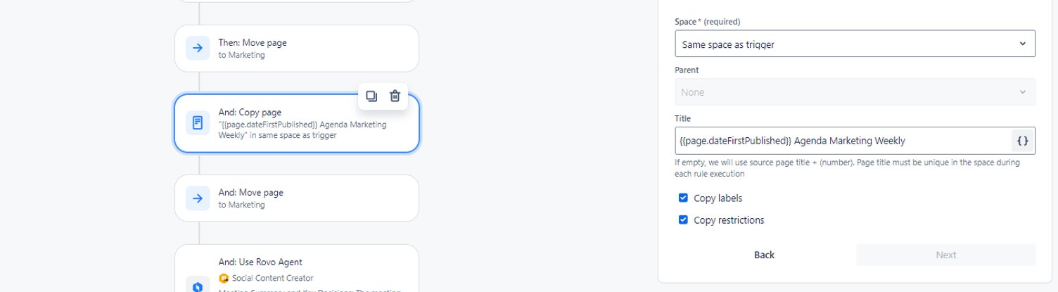 Screenshot einer Confluence-Automatisierung: die Schrittliste mit Verschieben und Kopieren, rechts die Einstellungen der Aktion „Copy page" mit Zielbereich und Titelvorlage