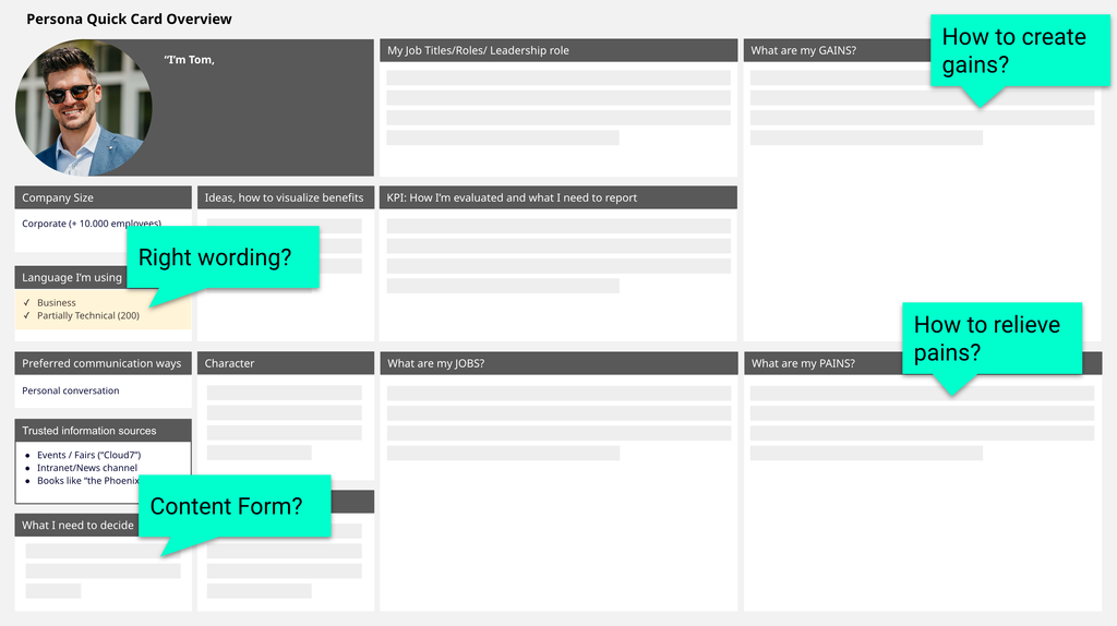 Persona-Steckbrief mit Feldern für Rolle, Sprache, Informationsquellen, Gains und Pains